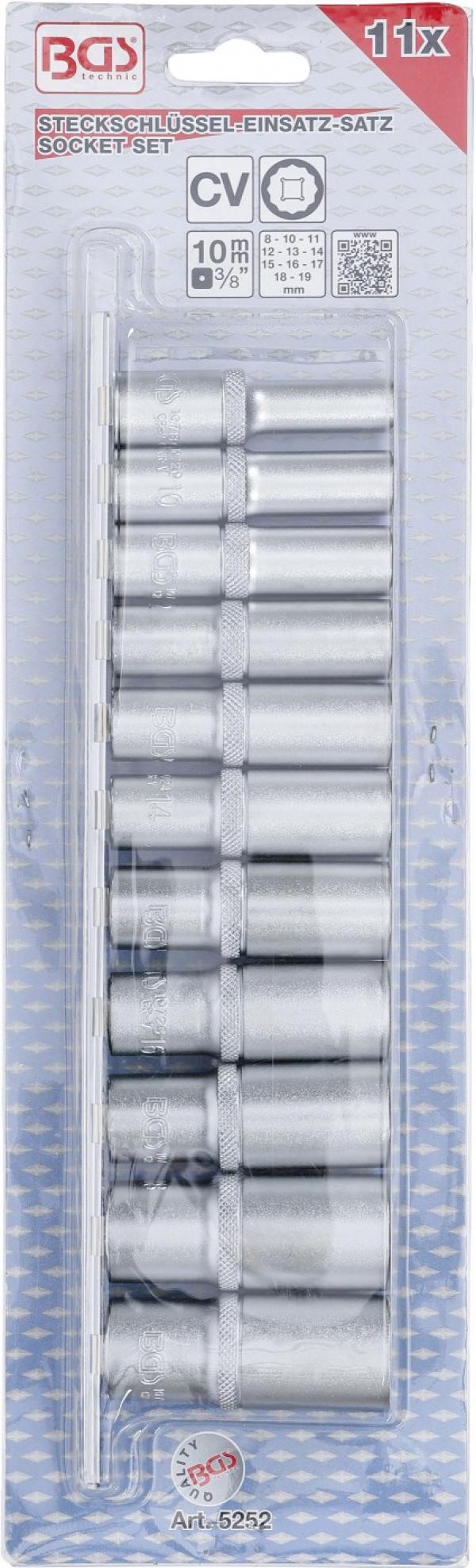 Steckschlüssel-Einsatz-Satz Zwölfkant, tief | Antrieb Innenvierkant 10 mm (3/8") | SW 8 - 19 mm | 11-tlg.