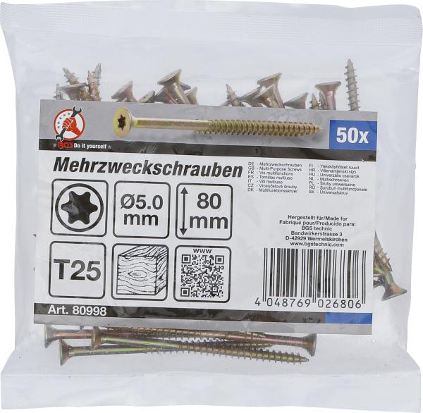 Mehrzweckschrauben | T-Profil (für Torx) T25 | 5,0 x 80 mm | 50 Stück