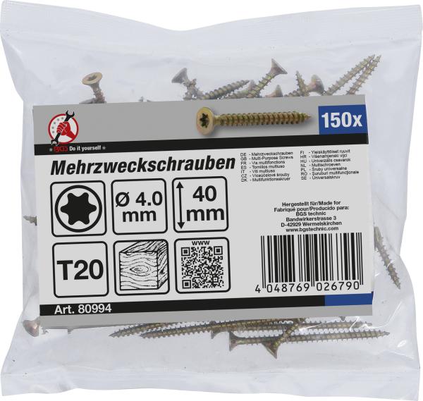 Mehrzweckschrauben | T-Profil (für Torx) T20 | 4,0 x 40 mm | 150 Stück